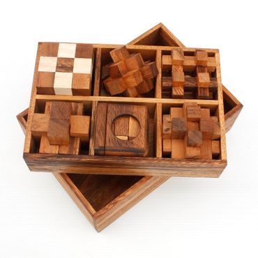 6 Puzzlespiele Würfel in einer Holzbox Holz Puzzle Knobel IQ Spiel Alle