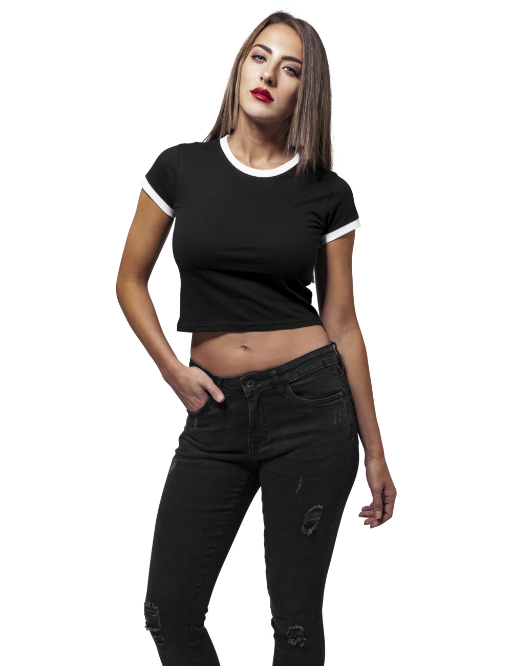 Urban Classics Damen Shirt Ladies Cropped Ringer Tee