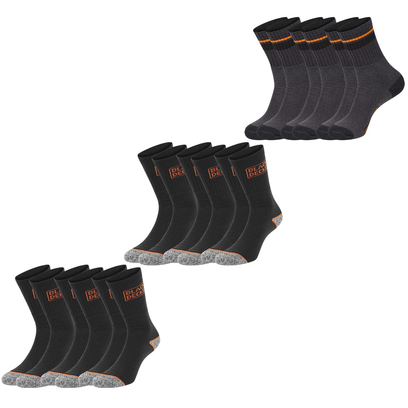 Black+Decker Herren Damen Unisex Sport Socken Essential Crew Baumwolle Black Grey Melange - 6er 9er 12er Pack