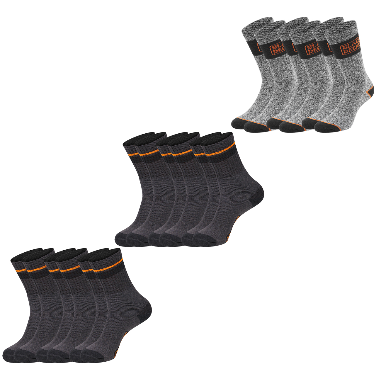 Black+Decker Herren Damen Unisex Sport Socken Essential Crew Baumwolle Black Grey Melange - 6er 9er 12er Pack