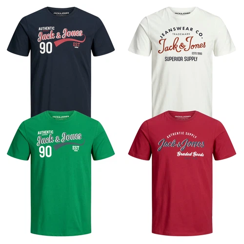 Jack & Jones Herren Kurzarm Rundhals T-Shirt mit Frontprint im Farbmix 4er Pack