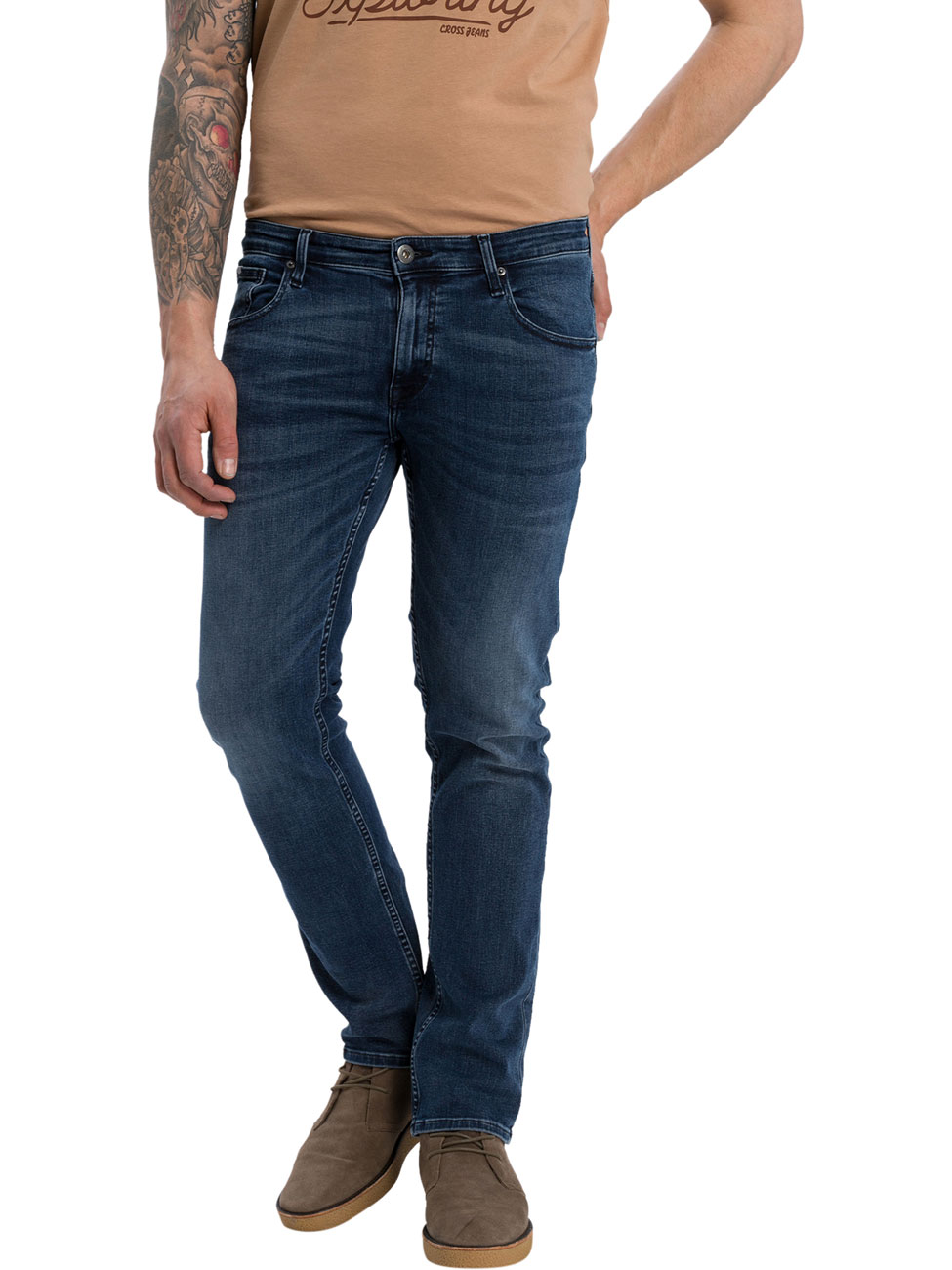 Cross Jeans Herren Jeans Damien - Slim Fit - Blau - Dark Blue Crinkle