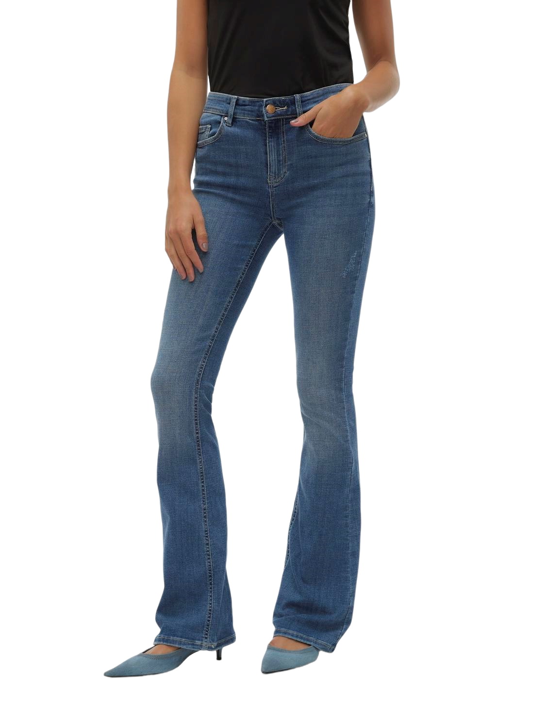 Vero Moda Damen Jeans VMFLASH MR FLARED LI347 GA XS S M L XL Blau - Medium Blue Denim