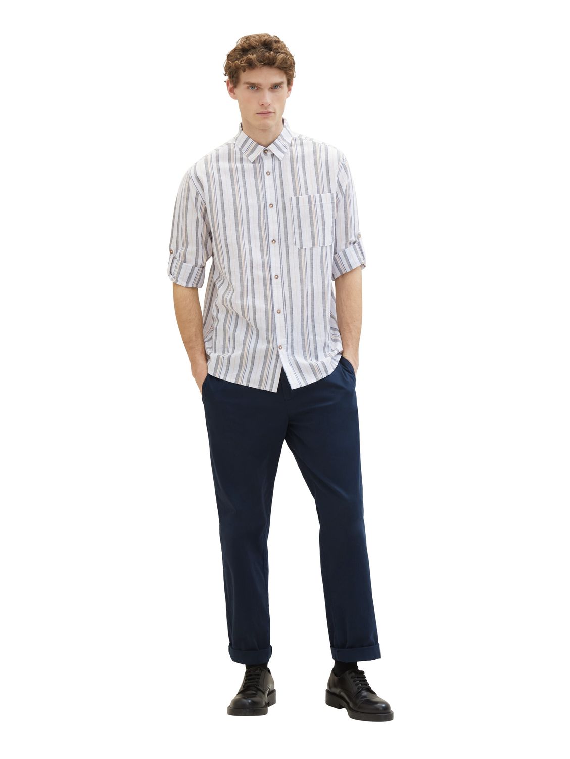 Tom Tailor Herren Langarm Hemd COMFORT COTTON LINEN - Relaxed Fit