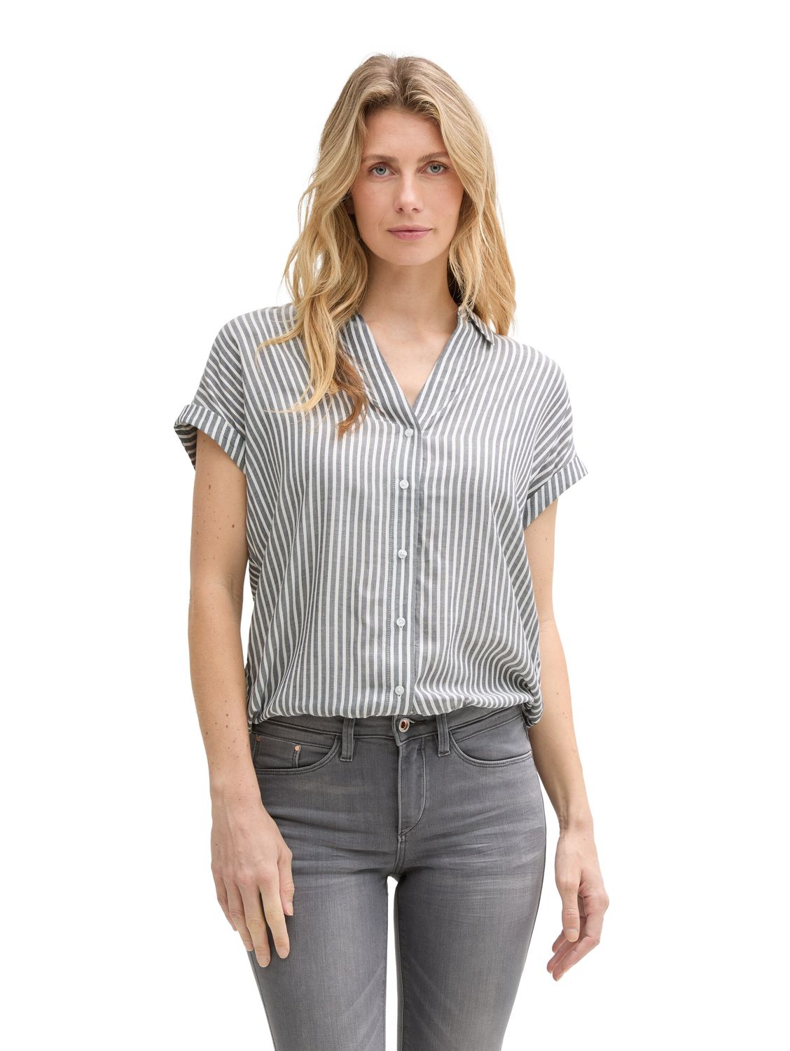 Tom Tailor Damen Kurzarm Bluse BLOUSE STRIPED SHORTSLEEVE - Relaxed Fit