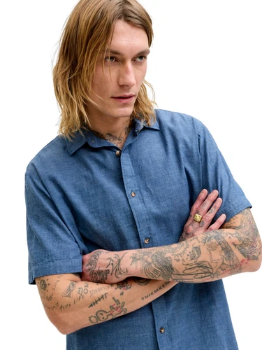Jack & Jones Herren Kurzarm Hemd JJESUMMER LINEN BLEND Regular Fit