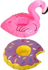 Aufblasbarer Getränkehalter Doppelpack, Flamingo und Donut. Aufblasbarer Getränkehalter Doppelpack, Flamingo und Donut.