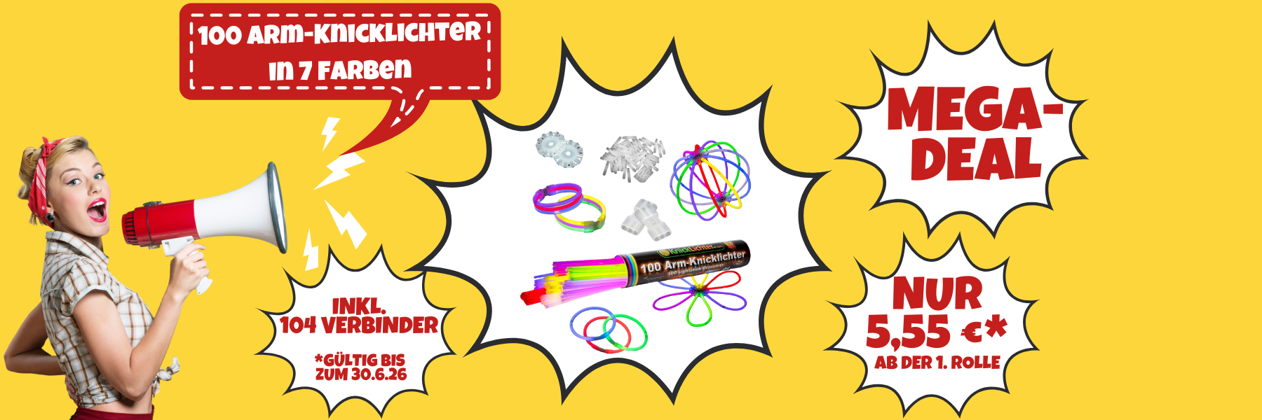 100 Bunte Arm-Knicklichter 7 Farben incl. 100 TopFlex, zwei 3fach und 2 Ballverbinder – geprüfte Qualität aus DE knicklichter angebote juni 2026