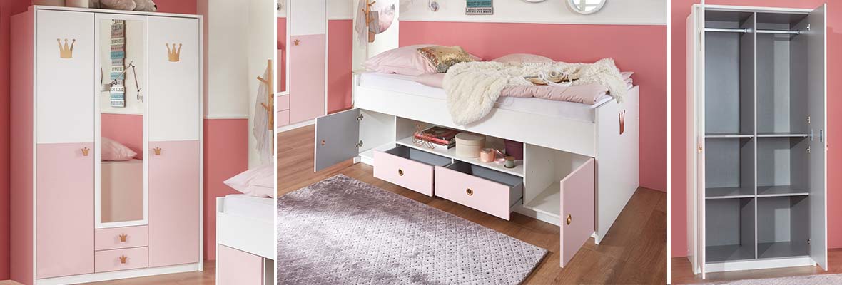 Cindy2 Kinderzimmer Komplettset Weiß / Rose 2 | Günstig Möbel, Küchen &  Büromöbel kaufen | Froschkönig24
