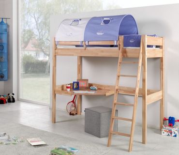 Hochbett RENATE Multifunktionsbett mit Schreibtisch Bett Buche Stoffset Blau/Boy