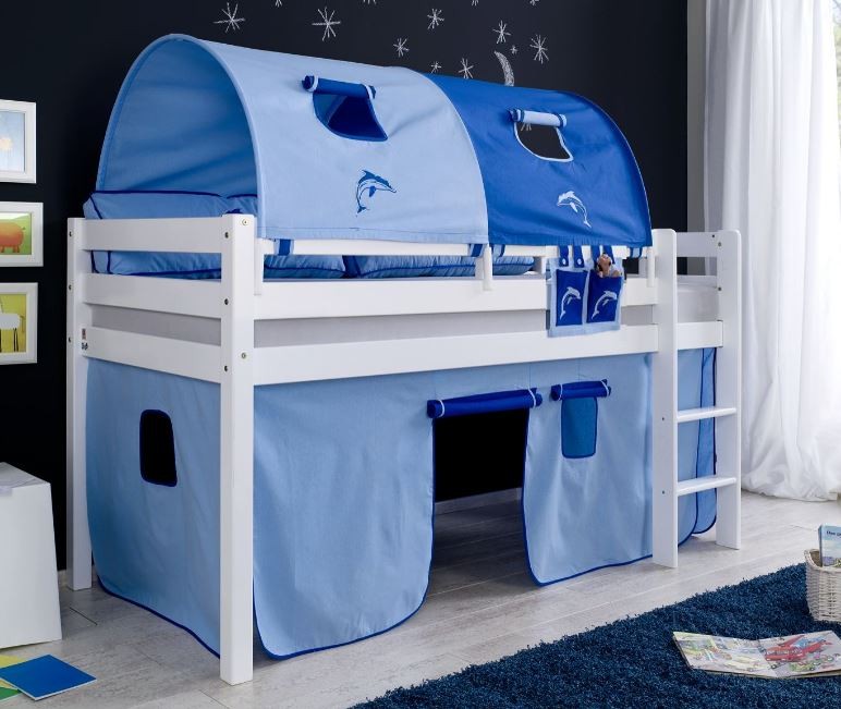 Hochbett ALEX Kinderbett Spielbett Bett Weiß Stoffset Blau/Delfin
