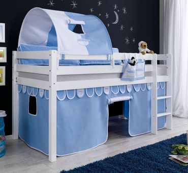 Hochbett ALEX Kinderbett Spielbett Bett Weiß Stoffset Blau/Boy