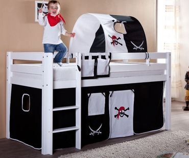 Hochbett ALEX Kinderbett Spielbett Bett Weiß Stoffset Pirat