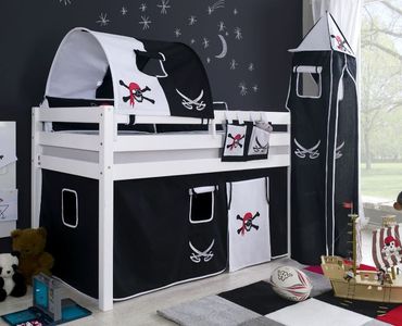 Hochbett ALEX Kinderbett Spielbett Bett Weiß Stoffset Pirat
