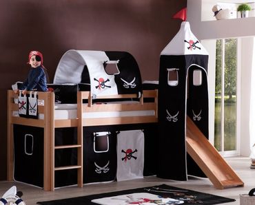 Hochbett ALEX Kinderbett mit Rutsche Spielbett Bett Natur Stoffset Pirat