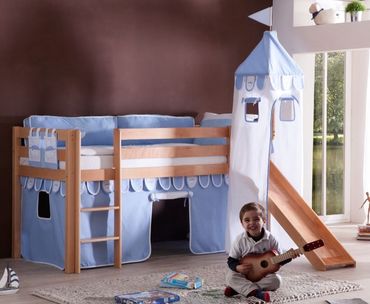 Hochbett ALEX Kinderbett mit Rutsche Spielbett Bett Natur Stoffset Blau/Boy