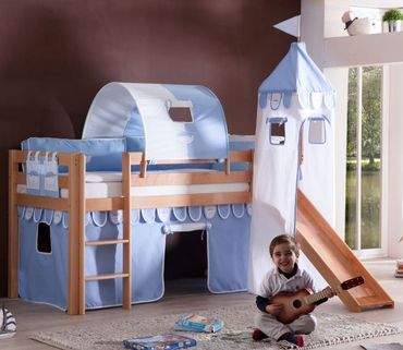 Hochbett ALEX Kinderbett mit Rutsche Spielbett Bett Natur Stoffset Blau/Boy