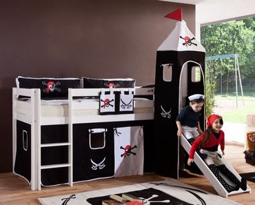 Hochbett ALEX Kinderbett mit Rutsche Spielbett Bett Weiß Stoffset Pirat