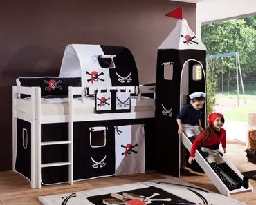 Hochbett ALEX Kinderbett mit Rutsche Spielbett Bett Weiß Stoffset Pirat