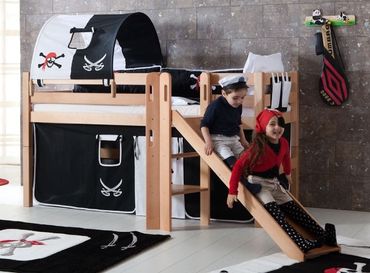 Hochbett ELIYAS Kinderbett mit Rutsche Spielbett Bett Natur Stoffset Pirat