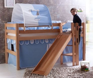 Hochbett ELIYAS Kinderbett mit Rutsche Spielbett Bett Natur Stoffset Blau/Boy
