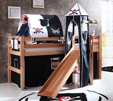 Hochbett ELIYAS Kinderbett mit Rutsche Spielbett Bett Natur Stoffset Pirat