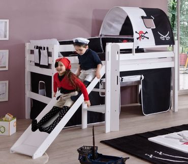Hochbett ELIYAS Kinderbett mit Rutsche Spielbett Bett Weiß Stoffset Pirat