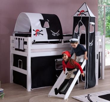 Hochbett ELIYAS Kinderbett mit Rutsche Spielbett Bett Weiß Stoffset Pirat