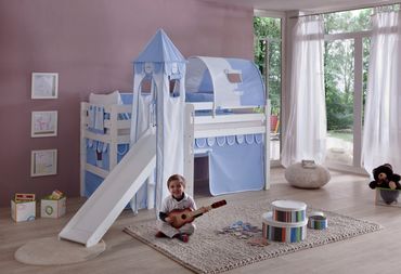 Hochbett ELIYAS Kinderbett mit Rutsche Spielbett Bett Weiß Stoffset Blau/Boy
