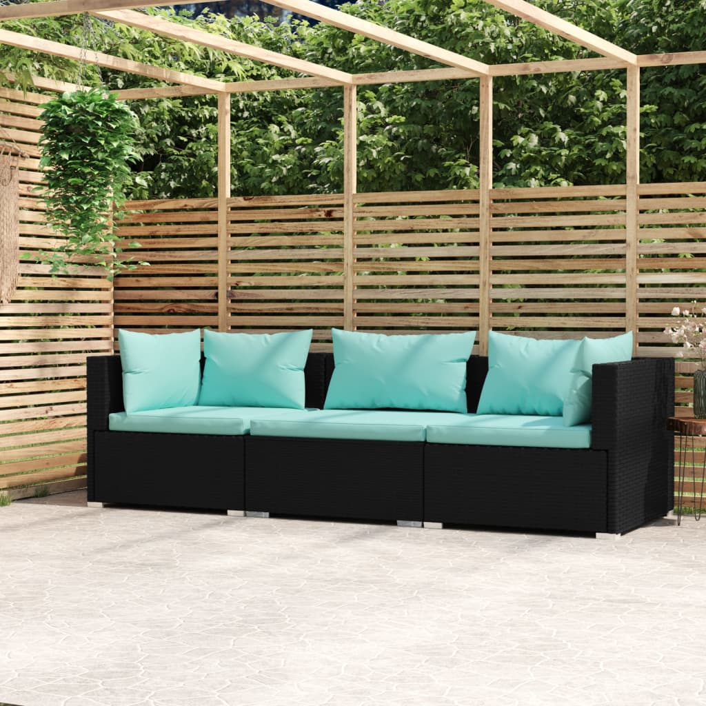 3-Sitzer-Sofa mit Auflagen Schwarz Poly Rattan 105852