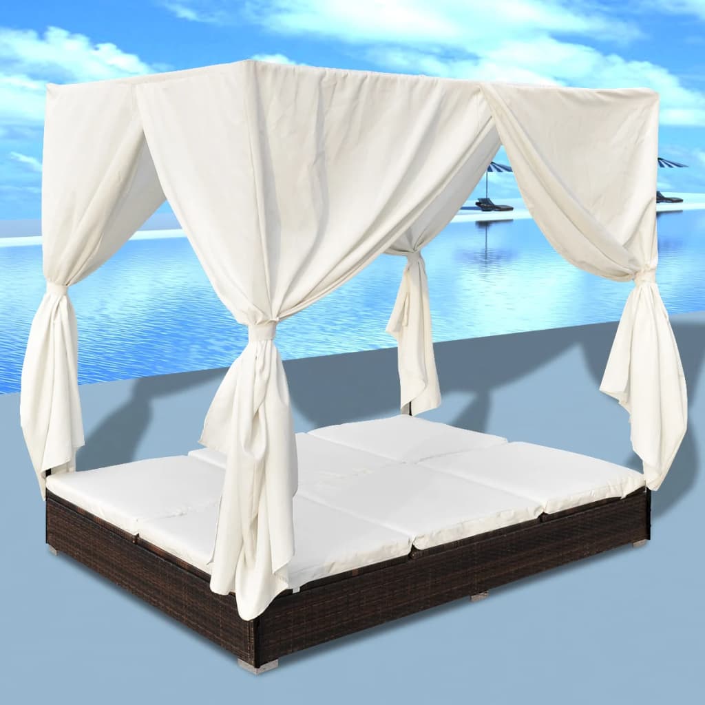 Outdoor-Loungebett mit Vorhang Poly Rattan Braun 115105