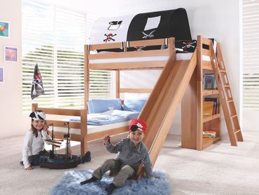 Etagenbett SKY Kinderbett mit Rutsche Spielbett Bett Natur Stoffset Pirat