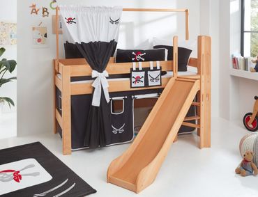 Hochbett LEO Kinderbett mit Rutsche Spielbett Bett Natur geölt Stoffset Pirat