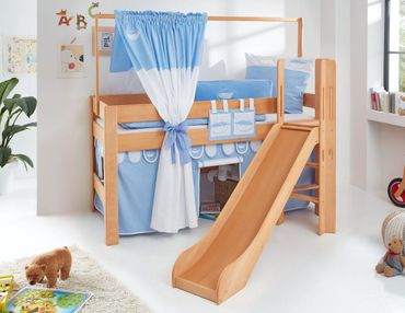 Hochbett LEO Kinderbett mit Rutsche Spielbett Bett Natur geölt Stoffset Blau/Boy
