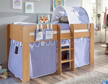 Hochbett ANDI 2 Kinderbett Spielbett halbhohes Bett Buche Stoffset Blau/Boy