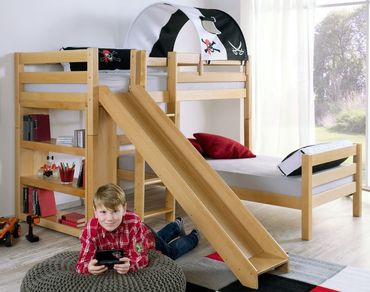 Etagenbett mit Rutsche BENI L Kinderbett Spielbett Bett Natur Stoff Pirat