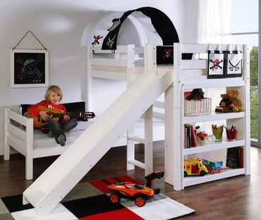 Etagenbett mit Rutsche BENI L Kinderbett Spielbett Bett Weiß Stoff Pirat