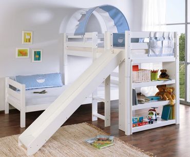 Etagenbett mit Rutsche BENI L Kinderbett Spielbett Bett Weiß Stoff Blau/Boy