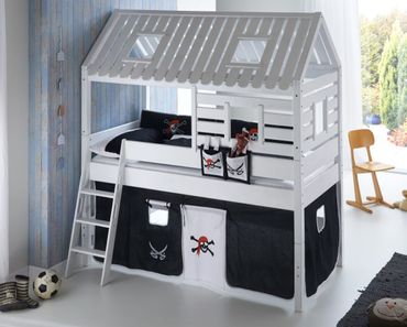 Hochbett Tom´s Hütte 2 Kinderbett Spielbett Bett Weiß Stoffset Pirat