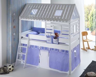 Hochbett Tom´s Hütte 2 Kinderbett Spielbett Bett Weiß Stoffset Blau/boy