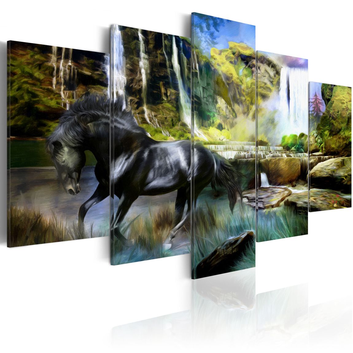 Wandbild - Schwares Pferd vor paradisischem Wasserfall