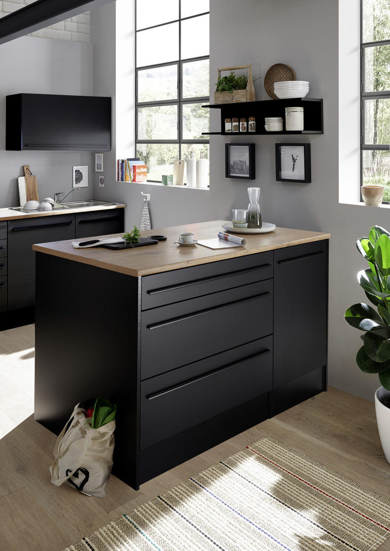 Jarklow Küchenblock 260 cm mit Kücheninsel Schwarz Matt | Günstig Möbel