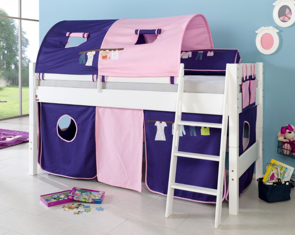 Hochbett KIM Kinderbett Spielbett Bett inklusive Stoffset Weiß Kleider Blau/Rosa