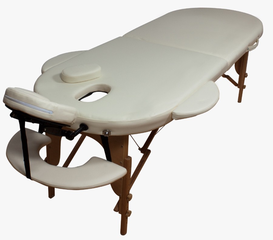 Reiki Massageliege, Oval Rund, 2teilig, mit viel Zubehör, creme