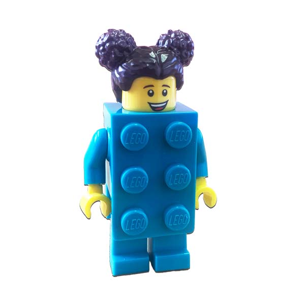 Woman in LEGO brick costume minifigure