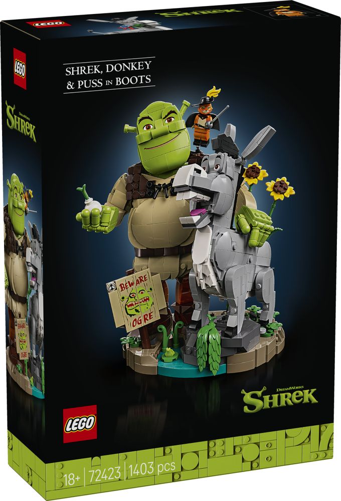 LEGO 72423 Shrek, Esel und Der Gestiefelte Kater – baubares Filmtrio auf Sumpf-Sockel