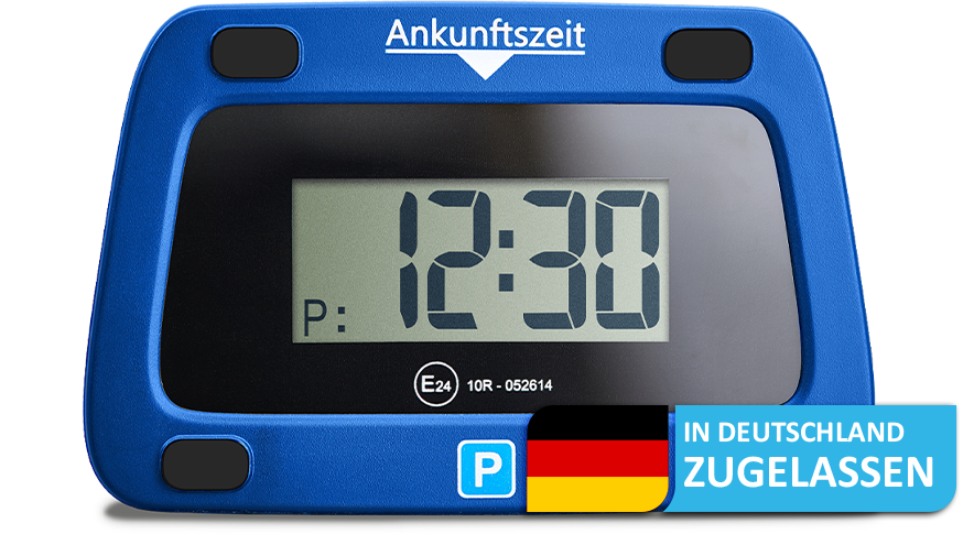 Digitale Parkscheibe V0 mit abgerundetem Gehäuse und vier Polstern. Anzeige 12:30. Rechts unten Zulassungssiegel mit deutscher Flagge.