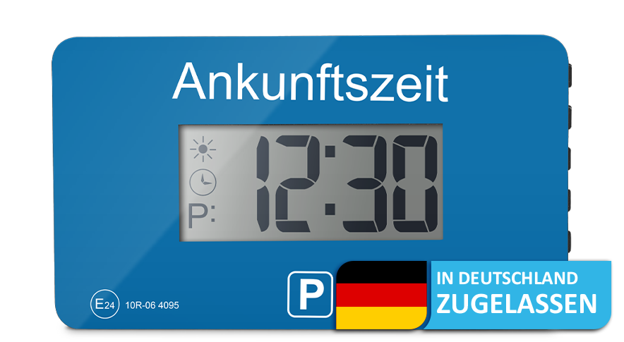 Digitale Parkscheibe V1 in Blau, zeigt 12:30. Rechts unten Zulassungssiegel mit deutscher Flagge.
