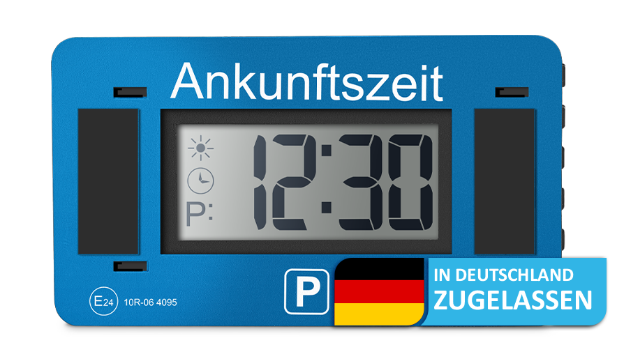 Digitale Parkscheibe V2 mit blauem Rahmen und seitlichen Sensoren, Anzeige 12:30. Rechts unten Zulassungssiegel.