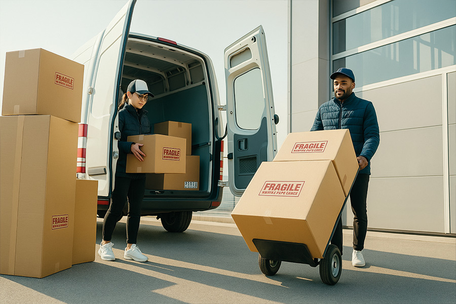 Packete werden von Packetboten aus dem Auto geladen